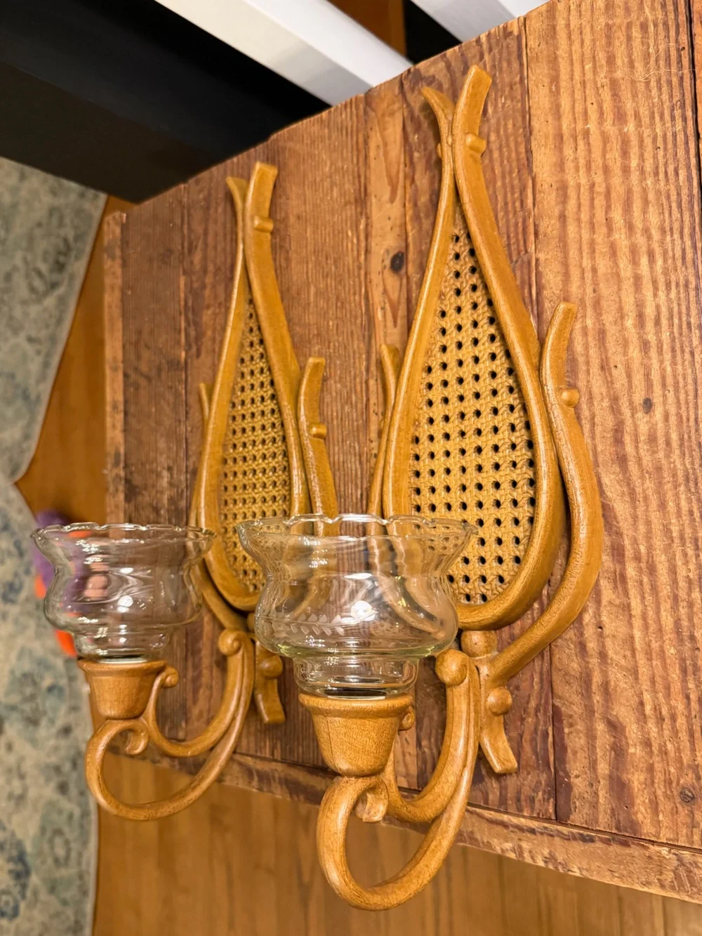 Pair of Vintage BOHO Farmhouse Candle Wall Sconces with Etched Glass Shades